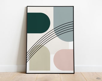 Geometric Abstract Line Art Print: Forest Green, Blue, Neutrals (Digital Download)