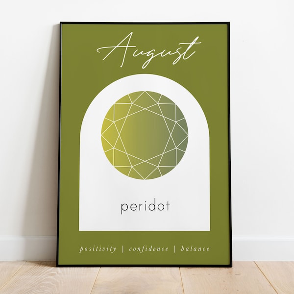 August Birthstone of the Month Printable Wall Art, Peridot Gemstone Poster, Spiritual Meanings, Inspirational, Bohemian Wall Decor
