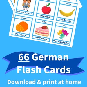 May include: A set of 66 German flash cards featuring colorful illustrations and German words. The cards include images of a head, ear, banana, apple, orange, cake, candy, tomato, friend, and more. The cards are designed for learning German vocabulary.