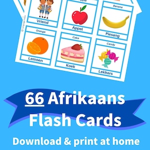 印刷可能なアフリカーンス語フラッシュカード [PDF ダウンロード] - 初心者、幼児、大人向けの 66 語の最初の単語 - アフリカーンス語の語彙を学ぶ