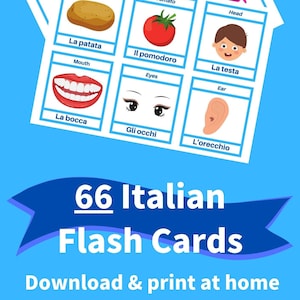 Printable ITALIAN Flashcards - 66 First Words for Beginners, Toddlers, and Adults - Learn Italian Vocabulary - With Pictures