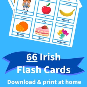 印刷可能なアイルランド語フラッシュカード [PDF] - 初心者、幼児、大人向けの最初の単語 66 語 - アイルランド語の語彙を学ぶ - 写真付き