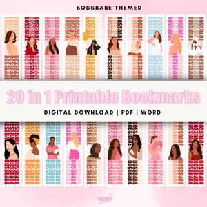 Op de afbeelding: Twintig printbare bladwijzers met verschillende illustraties van vrouwen met de tekst "BOSSBABE" die op elke bladwijzer wordt herhaald. De bladwijzers zijn ontworpen in verschillende kleuren en patronen.
