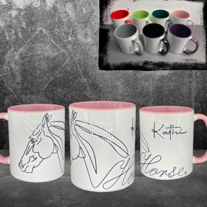 Coffee cup horse line art horse with name - individually customizable with the name of the horse or rider or message in two colors