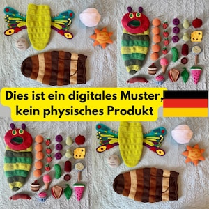 Könnte beinhalten: Eine Sammlung farbenfroher, handgefertigter Häkelartikel, darunter eine Raupe, ein Schmetterling und verschiedene Lebensmittel wie Erdbeeren und Eis. Das Bild enthält den Text "Dies ist ein digitales Muster, kein physisches Produkt."