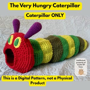 May include: A crocheted caterpillar toy in the style of "The Very Hungry Caterpillar" book. The caterpillar is red, yellow, green, and brown with purple antennae and green and yellow eyes. The text on the image says "Caterpillar ONLY" and "This is a Digital Pattern, not a Physical Product."
