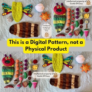 May include: A collection of colorful, crocheted items, including a caterpillar, butterfly, and various food-shaped toys. The image includes the text "This is a Digital Pattern, not a Physical Product."