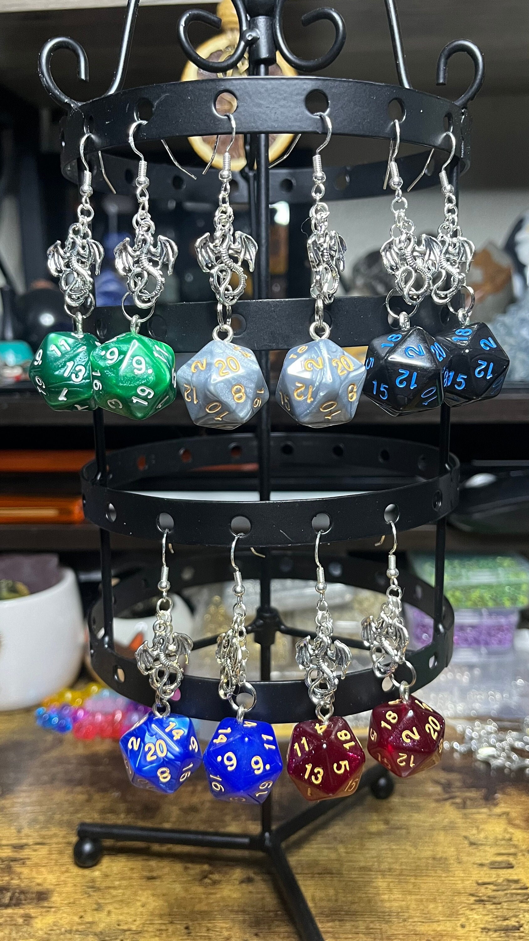 Handcrafted D20 Dice Earrings with Silver Dragon Charm - Hypoallergenic Earrings - Trendy TTRPG Accessories