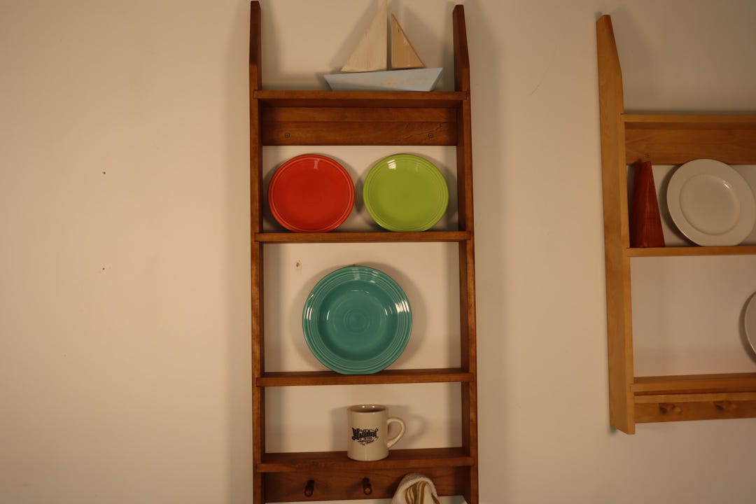 Tall Wooden Wall Mounted Plate Rack, Narrow, Rustic Kitchen Dining ...