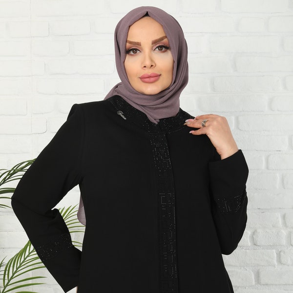 Women Abaya Medina Silk Stone Embroidered Black Abaya With Zipper Muslim Dress Abaya for Women