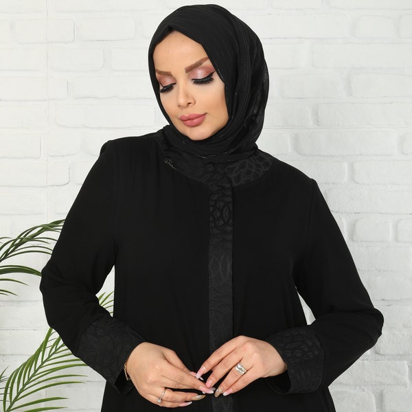 Abaya for Women's Long Sleeve Hidden Zipper Black Muslim Dress with Front Pattern With Pockets