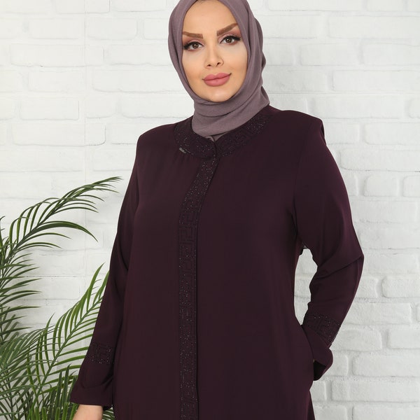 Women Abaya Medina Silk Stone Embroidered Purple Abaya With Zipper Muslim Dress Abaya for Women