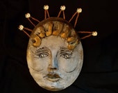 Hand Sculpted OOAK Art Piece Crowned Head of a Woman with Jeweled Eyes, Home Decor Art, Sculpted in Italian Clay and Painted, Handmade USA