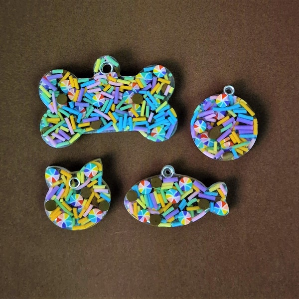 Custom Pet Dog/Cat Resin Rainbow Sprinkles Tags / Collar Tag / Backpack Keychain / Birthday Keychain