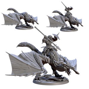 May include: Three gray dragon miniatures, one standing alone, and two with riders. The dragons have detailed scales, wings, and claws. The riders are armed with spears and swords, and wear armor. The miniatures are on a stone base.