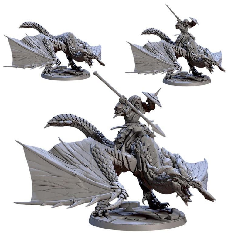 May include: Three gray dragon miniatures, one standing alone, and two with riders. The dragons have detailed scales, wings, and claws. The riders are armed with spears and swords, and wear armor. The miniatures are on a stone base.