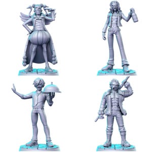 Puede incluir: Cuatro figuras grises de personajes de anime en varias poses. Una figura lleva un abrigo largo y tiene un peinado único. Otra sostiene una botella, mientras que una tercera lleva una bandeja. La última figura sostiene un arma.