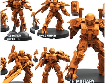 May include: Orange-colored miniature Space Military Trooper figurines. The figurines are posed in various action stances, some holding weapons. The bases are black. Text on the bases reads "SPACE MILITARY" and "TROOPER - A, B, E".