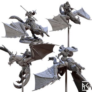 May include: Four gray dragon miniatures with riders, each in a dynamic pose. The dragons have detailed wings, scales, and menacing expressions. The riders are armed with spears and shields, ready for battle. These miniatures are ideal for tabletop gaming.