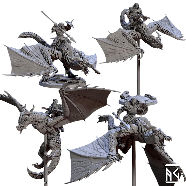 May include: Four gray dragon miniatures with riders, each in a dynamic pose. The dragons have detailed wings, scales, and menacing expressions. The riders are armed with spears and shields, ready for battle. These miniatures are ideal for tabletop gaming.