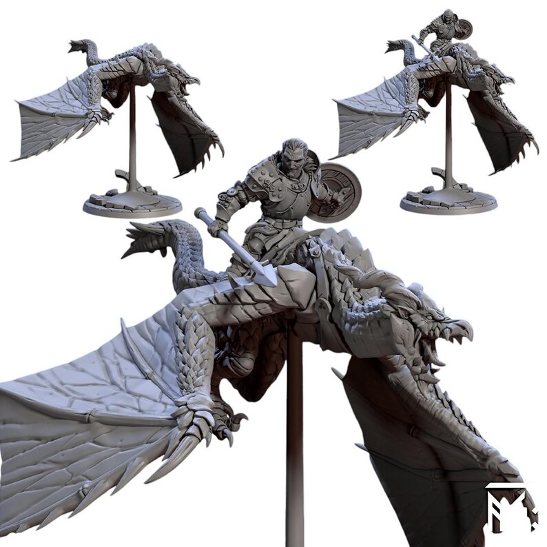 May include: A collection of gray fantasy miniatures featuring dragons and armored figures. One large dragon figure has a rider with a spear and shield. Two smaller dragon figures are also displayed. The miniatures are on stands.