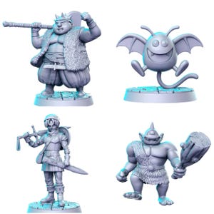 May include: Four gray fantasy figurines. A king figure with a crown and club, a winged imp, a knight with a sword and shield, and a cyclops with a club. Each figure is on a small base.
