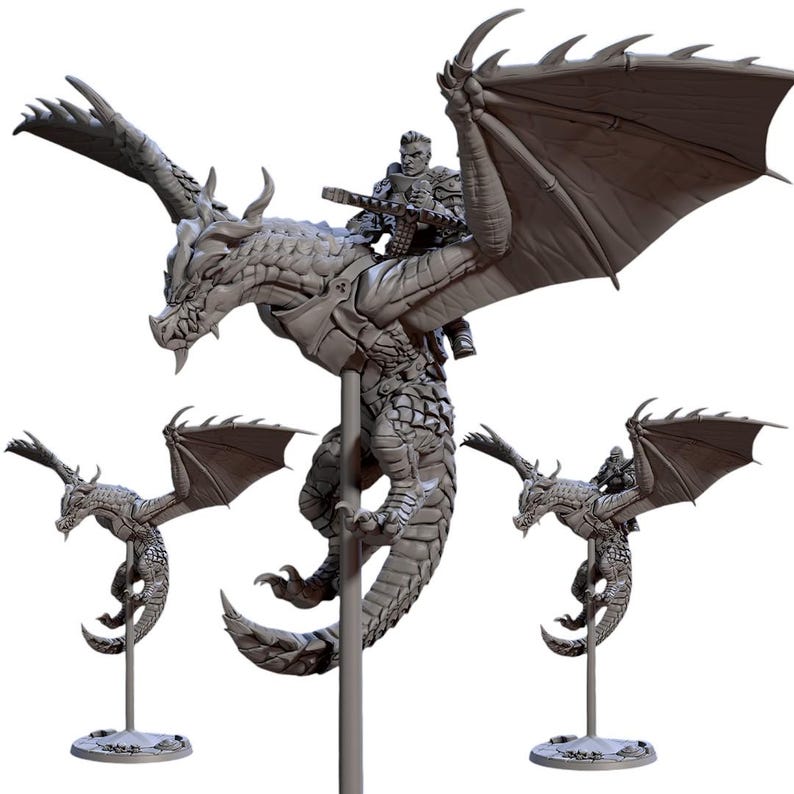 May include: A gray dragon figurine with a rider holding a weapon. The dragon has large wings and is mounted on a stand. Two smaller dragon figurines are also displayed, each on a stand.