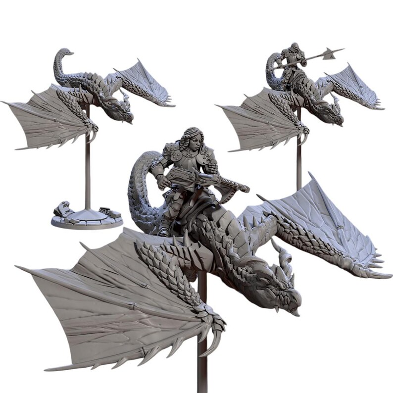 May include: Several gray dragon figurines with riders and wings are displayed. The dragons are in various poses, some with riders holding weapons. The figurines are mounted on stands, suggesting they are collectible items or miniatures.