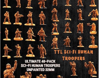Wargaming Miniature  |TYL| Ultimate 40-Pack Sci-Fi Human Troopers – Unpainted Resin Miniatures 32mm Scale Figures