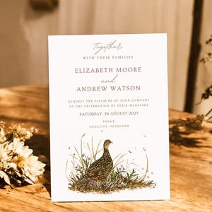 NUR PROBE * Red Grouse Hochzeitseinladung Briefpapier, speichern Sie das Datum, Rustikal, Land, ländlich, Landwirtschaft, Auerhahn, Wildvögel, Tiere