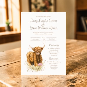 SAMPLE ONLY* Highland Cow Wedding Stationery, invitation, save the date, RSVP, Rustic, Country, Rural, Farming, Hunting, Game Birds Scottish