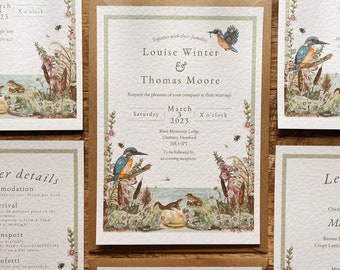 SAMPLE ONLY* Whimsical Wetland  Wedding Stationery, Invitation, Save the date, RSVP, Rustic, Country, Countryside, Kingfisher, Riverside