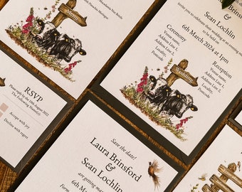 SAMPLE ONLY* Dairy Cow & Signpost Wedding Stationery, invitation, save the date, RSVP, Rustic, Country, Rural, Farming, Holstein Friesian