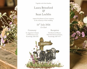 May include: Wedding invitation with the names Laura Brinsford and Sean Lochlin, dated 16th July 2026. The design includes a watercolour illustration of cows and a wooden sign with the word "Wedding".