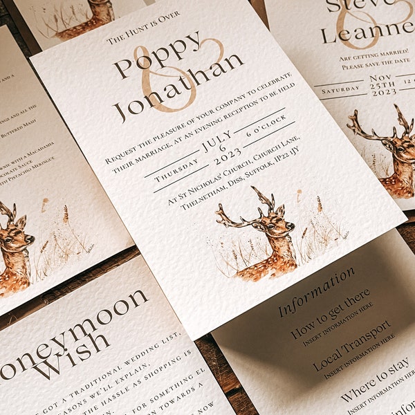 SAMPLE ONLY* Stag, Deer Wedding Stationery, invitation, save the date, RSVP, Rustic, Country, Rural, Farming, Hunting, Game Birds