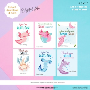 Cartoline di San Valentino Axolotl, Cartoline di San Valentino stampabili per bambini, Tag stampabili di San Valentino Axolotl in classe per bambini, 6 carte diverse