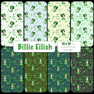 Billie Eilish digitaal naadloos patroon – hiphopbehangprint, kinderkamermuurkunst, textiel- en stoffenontwerp, digitaal png-bestand