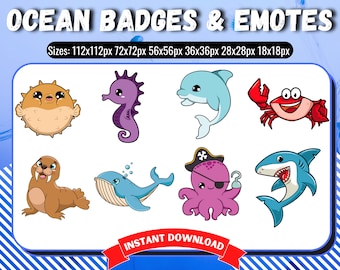 Ocean Animal Twitch Emotes, Streamer Emotes, Cute Discord Emotes, Shark, Mammal Emote Pack