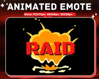 May include: Animated emote with a red "RAID" text on a yellow explosion graphic against a black background.