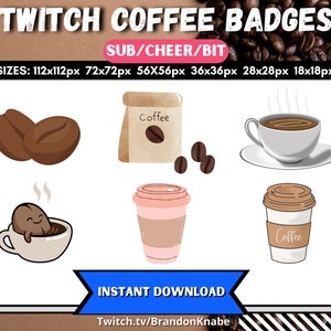 6 emblemas de café Sub, Bit e Cheer para Twitch, Emotes de comida/bebida, Twitch Streamer e Emotes de jogador