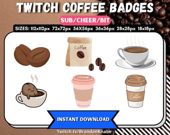 6 Coffee Sub,Bit,Cheer Badges for Twitch, Food/Drink Emotes, Twitch Streamer & Gamer Emotes