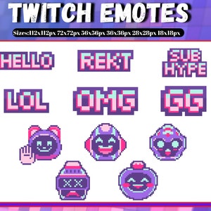 11 Pixel Emotes for your Twitch stream! Text | Hello | REKT | SUB HYPE | lol | gg | Emotes for Streamers & Gamers!