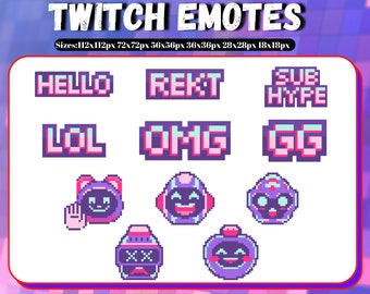Op de afbeelding: Een set van 10 Twitch-emotes in verschillende formaten, met gepixelde ontwerpen van populaire zinnen zoals "Hello", "LOL", "REKT", "OMG", "GG", "SUB HYPE" en schattige cartoonfiguren.