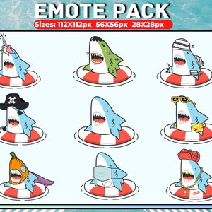 Cute Shark Emote Pack for Twitch and Discord - Kawaii static Shark Badges for Cute Streamers and Gamers