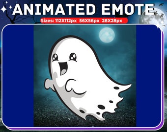 May include: Animated emoji of a white ghost with a happy expression, flying in front of a dark blue background with a full moon and clouds.
