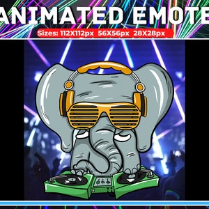 May include: Animated emoji of a gray elephant wearing yellow sunglasses and headphones, holding a green DJ mixer with a black record on each turntable. The background is a blurry image of a concert with colorful lights.