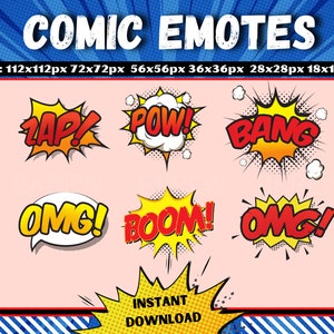May include: A set of six comic book style speech bubbles with different phrases, including "Zap!" "Pow!" "Bang!" "OMG!" "Boom!" and "OMG!" The speech bubbles are in red, yellow, and white with black outlines. The background is a pink and blue comic book style pattern.