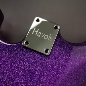 Könnte beinhalten: Nahaufnahme einer violetten Gitarre mit einem silbernen Schild, auf dem "Havok" steht.