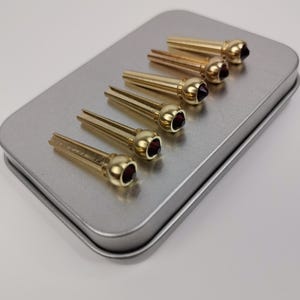 Könnte beinhalten: Sechs goldfarbene Gitarrenstegstifte mit roten Edelsteineinlagen, angeordnet auf einer kleinen, silberfarbenen Metallbox. Die Stifte haben einen abgerundeten Kopf und einen konischen Schaft.