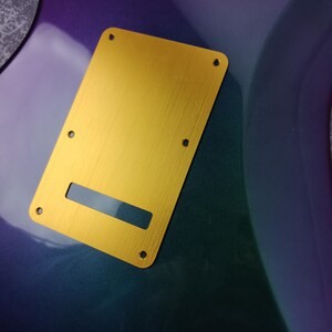 May include: A gold metal guitar back plate with a brushed finish and eight screw holes.